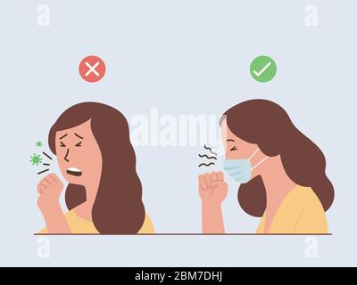 Woman coughing and Sneezing make a virus spreading and Woman wearing a surgical mask for stop spread Diseases. Stock Vector