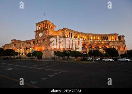 Yerevan: Republic Square, Government of the Republic of Armenia building, at twilight Stock Photo