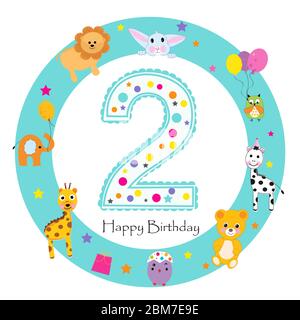 Second birthday baby greeting card. Happy second birthday candle and animals Stock Vector