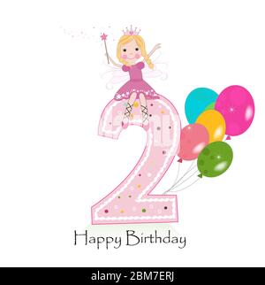 Happy second birthday greeting card. Cute fairy tale vector illustration Stock Vector