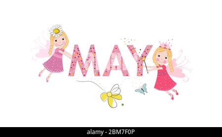 May text with cute fairy tale vector. May and spring time background Stock Vector