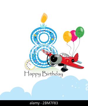 Eighth birthday greeting card. Air plane and balloon happy birthday boy greeting card Stock Vector