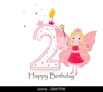 Happy second birthday candle. Girl greeting card with cute fairy tale vector background Stock Vector