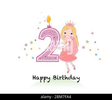 Happy second birthday candle. Girl greeting card with cute fairy tale holding two number vector background Stock Vector