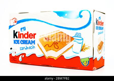 Kinder Sandwich Ice Cream. Kinder is a brand of food products of Ferrero. The Kinder Ice Cream is a collaboration between Ferrero and Unilever Stock Photo