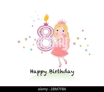 Happy eigth birthday candle. Girl greeting card with cute fairy tale holding eigth number vector background Stock Vector