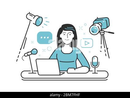 Podcasting, live streaming. Video content for posting on social networks. Vector illustration Stock Vector