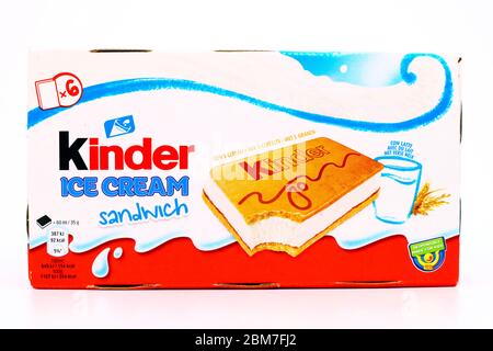 Kinder Sandwich Ice Cream. Kinder is a brand of food products of Ferrero. The Kinder Ice Cream is a collaboration between Ferrero and Unilever Stock Photo