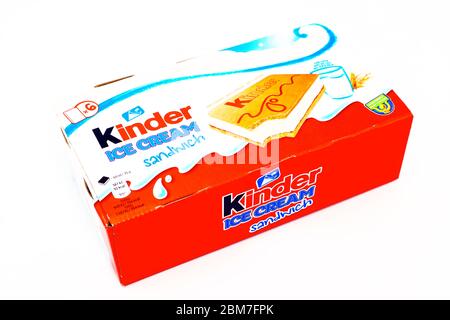 Kinder Sandwich Ice Cream. Kinder is a brand of food products of Ferrero. The Kinder Ice Cream is a collaboration between Ferrero and Unilever Stock Photo