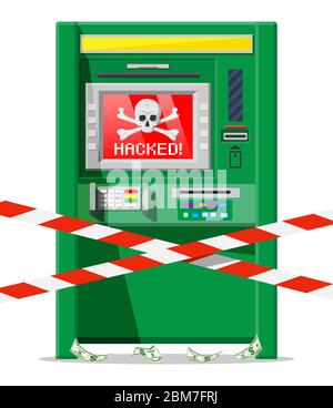 Hacked atm concept, skimming, stealling money from automated teller machine. Out of service or robbery, criminal hacks software in bank. Spyware malware. Computer security. Flat vector illustration Stock Vector