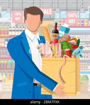 Supermarket store interior with goods. Big shopping mall. Interior store inside. Customer with bag full of food. Grocery, drinks, fruits, dairy products. Vector illustration in flat style Stock Vector