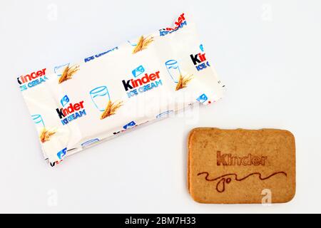 Kinder Sandwich Ice Cream. Kinder is a brand of food products of Ferrero. The Kinder Ice Cream is a collaboration between Ferrero and Unilever Stock Photo