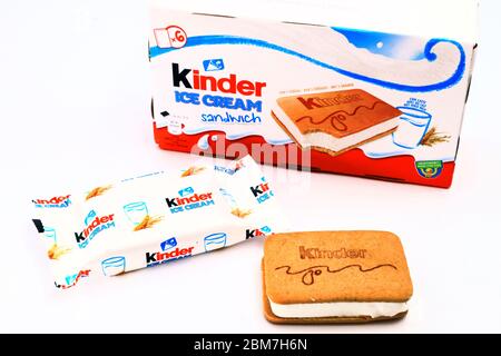 Kinder Sandwich Ice Cream. Kinder is a brand of food products of Ferrero. The Kinder Ice Cream is a collaboration between Ferrero and Unilever Stock Photo