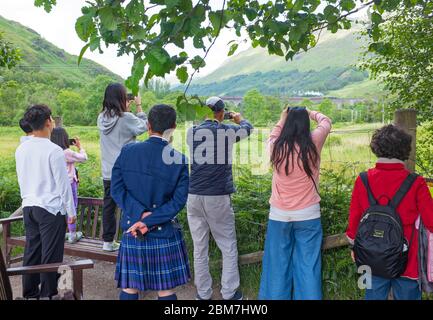 Asian tourists photograph the Jacobite steam train, aka Hogwarts Express in the Harry Potter films, crossing Glenfinnan viaduct in Scottish Highlands Stock Photo
