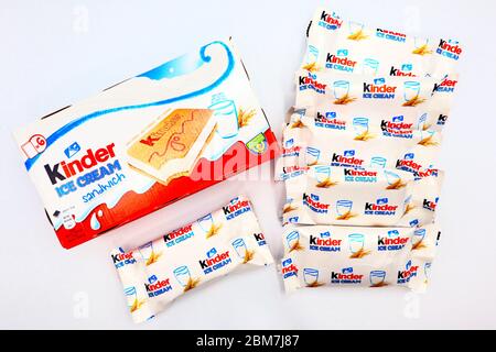 Kinder Sandwich Ice Cream. Kinder is a brand of food products of Ferrero. The Kinder Ice Cream is a collaboration between Ferrero and Unilever Stock Photo