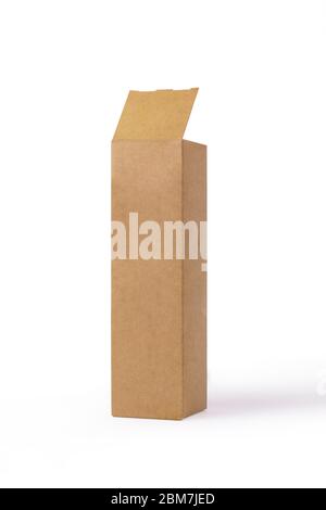 Open Cardboard Box isolated on a White Background. Mock up Package Design. Elongated Craft Cardboard Pack with an Open Lid. Stock Photo, Side View. Stock Photo