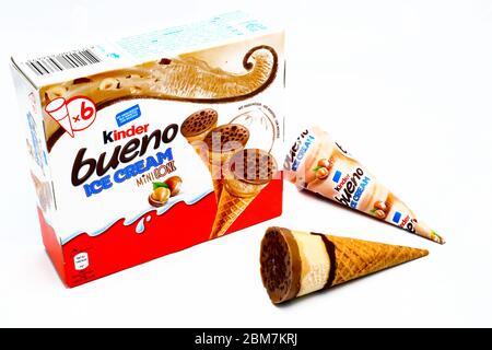 Kinder Bueno Ice Cream. Kinder is a brand of food products of Ferrero. The Kinder Ice Cream is a collaboration between Ferrero and Unilever Stock Photo