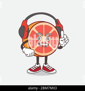 An illustration of Grapefruit cartoon mascot character speaking on a headphone Stock Vector