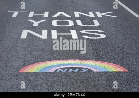 Road message giving thanks to the NHS out side a hospital Stock Photo