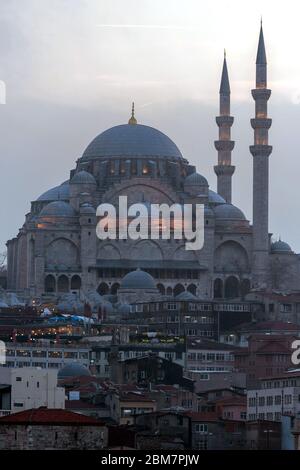 February 22, 2018: The Suleymaniye Mosque, as seen from the Galata Bridge Stock Photo