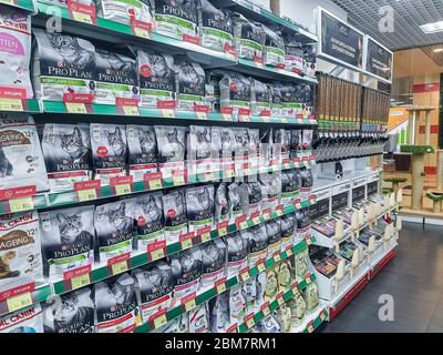 Moscow, Russia,1 may, 2020: Food Products On Animals Supermarket Shelf . wide variety of products in store.Various of Cat Food Products on shelf Stock Photo