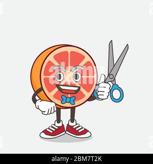 An illustration of Grapefruit cartoon mascot character as smiling barber with scissors on hand Stock Vector