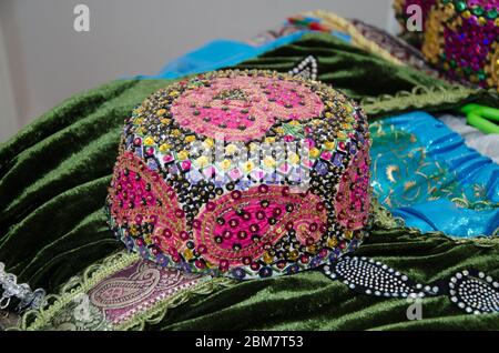 Tradional Azerbaijani souveniers hats and knitted clothing sold . They would wear a rider under the headgear hat, stroke . Araxchin is a national hood Stock Photo