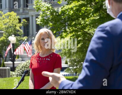 Washington, United States. 07th May, 2020. Senior Counselor Kellyanne Conway speaks to members of the media outside the White House in Washington, DC on Thursday, May 7, 2020. Photo by Stefani Reynolds/UPI Credit: UPI/Alamy Live News