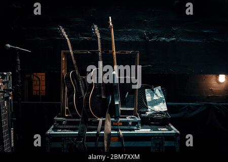 guitars in rig on stage Stock Photo