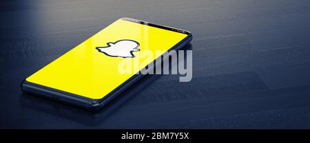 KYIV, UKRAINE-JANUARY, 2020: Snapchat on Smartphone Screen. Snapchat is a Most Popular Social Media Tool for Communication Between People in Internet. 3D Rendering. Stock Photo