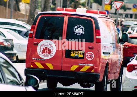 Tel Aviv Israel June 07, 2019 View of a fire engine rolling in the streets of Tel Aviv in the afternoon Stock Photo