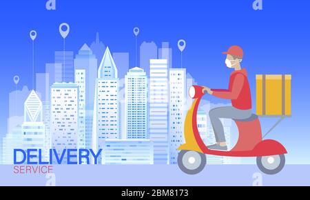 Scooter city delivery box. Walk road white light food shipping mobile app order. Package quarantine thermal bag backpack dinner meal. Fast delivery Stock Vector
