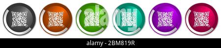 Qr code icon set, shopping silver metallic chrome border vector web buttons in 6 colors options for webdesign Stock Vector