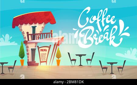 business lunch poster. street restaurant cafe of caffee shop concept . cartoon medieval style. bright cheerful happy mood coffee food delivery . funny Stock Vector