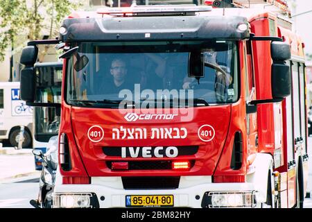 Tel Aviv Israel June 07, 2019 View of a fire engine rolling in the streets of Tel Aviv in the afternoon Stock Photo