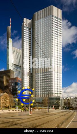 The former European Central Bank (ECB) headquarters building (Eurotower) and the Commerzbank tower in Frankfurt-am-Main, Germany. Stock Photo