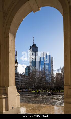 Financial buildings, including the 200m Main Tower, seen from the arched portico of the Alte Oper, Frankfurt am Main, Hesse, Germany. Stock Photo
