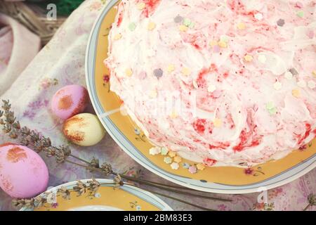 Home made strawberry cake. Easter celebration. Stock Photo