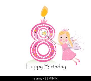 Happy eigth birthday candle. Baby girl greeting card with fairy tale vector background Stock Vector