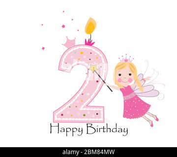 Happy second birthday candle. Baby girl greeting card with fairy tale vector background Stock Vector