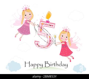 Happy fifth birthday with cute fairy tale greeting card vector Stock Vector