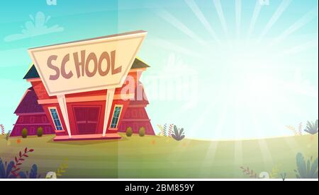 school . day of knowledge funny cartoon background ,  warm autumn education card cover in red green bright colours with clear blue sky clouds . high s Stock Vector