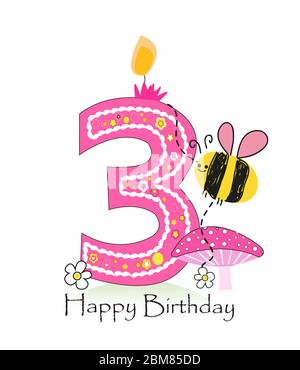 Happy third birthday candle. Baby girl greeting card with bee and daisy vector background Stock Vector