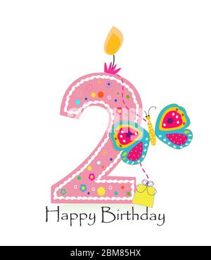 Happy second birthday candle. Baby girl greeting card with butterfly vector background Stock Vector