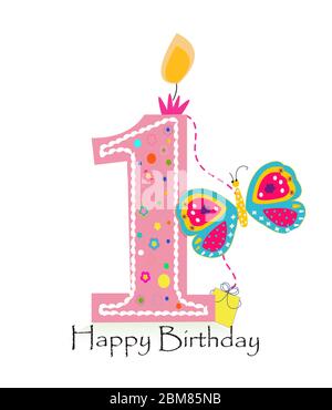 Happy first birthday candle. Baby girl greeting card with one candle and colorful butterfly vector background Stock Vector