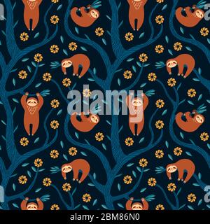 Sloths tropical seamless pattern. Cute animals hanging on tree branches. Dark exotic print. Flat vector illustration. Stock Vector