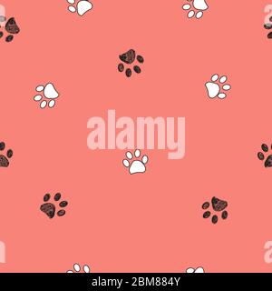 Black and white paw print repated pattern with living coral background Stock Vector