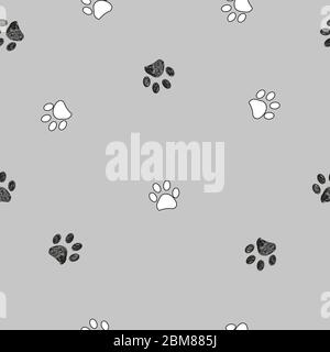 Black and white paw print repated pattern with gray background Stock Vector