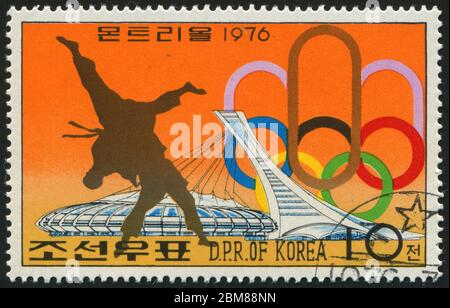 KOREA - CIRCA 1976: stamp printed by Korea,  shows sports judo, circa 1976. Stock Photo