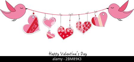 Happy Valentine's Day card with birds hanging doodle heart vector background Stock Vector